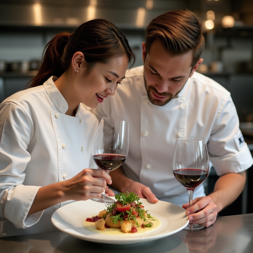 Chef e sommelier che collaborano su un abbinamento cibo-vino durante una sessione pratica