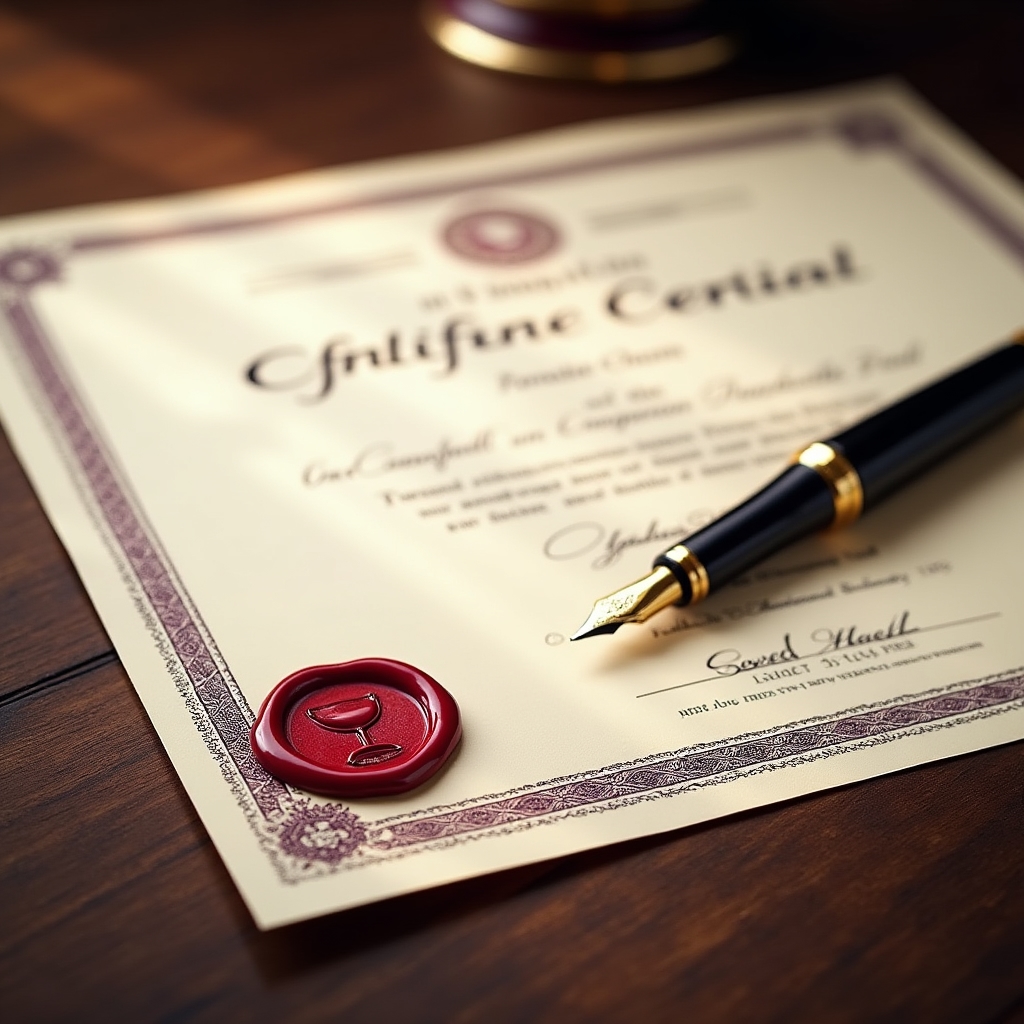 Attestato di competenze sommelier con sigillo ufficiale e firma del responsabile formativo