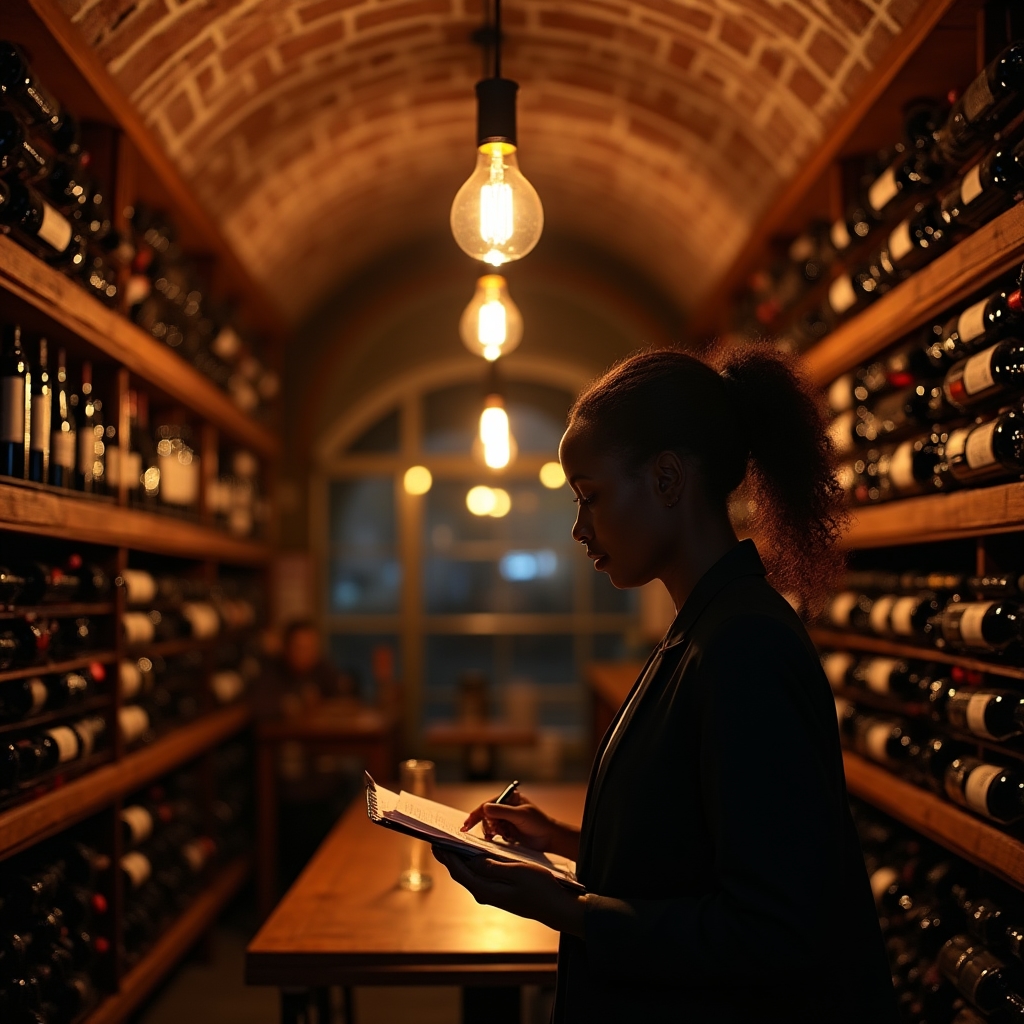 Interno di una cantina di ristorante con scaffali di bottiglie ordinate e illuminazione soffusa
