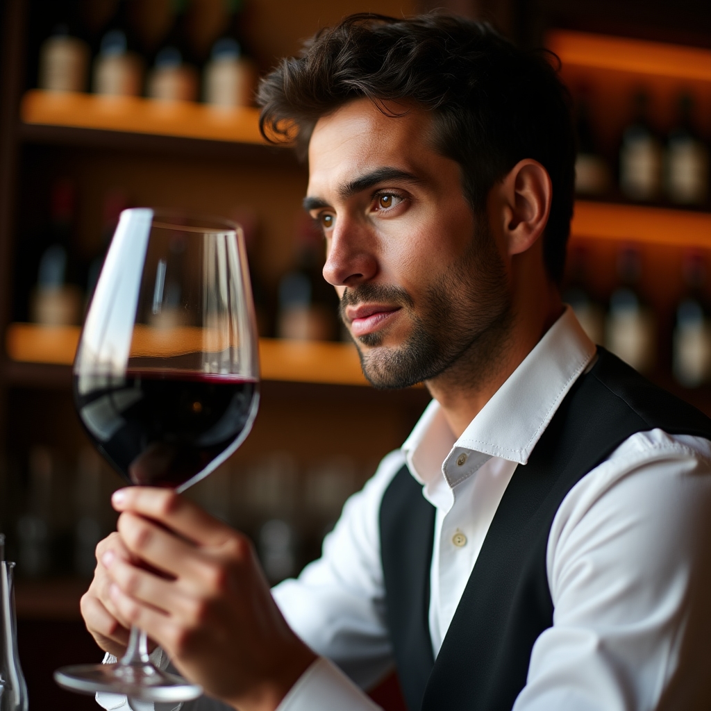 Sommelier che esegue una degustazione professionale con bicchiere di vino rosso