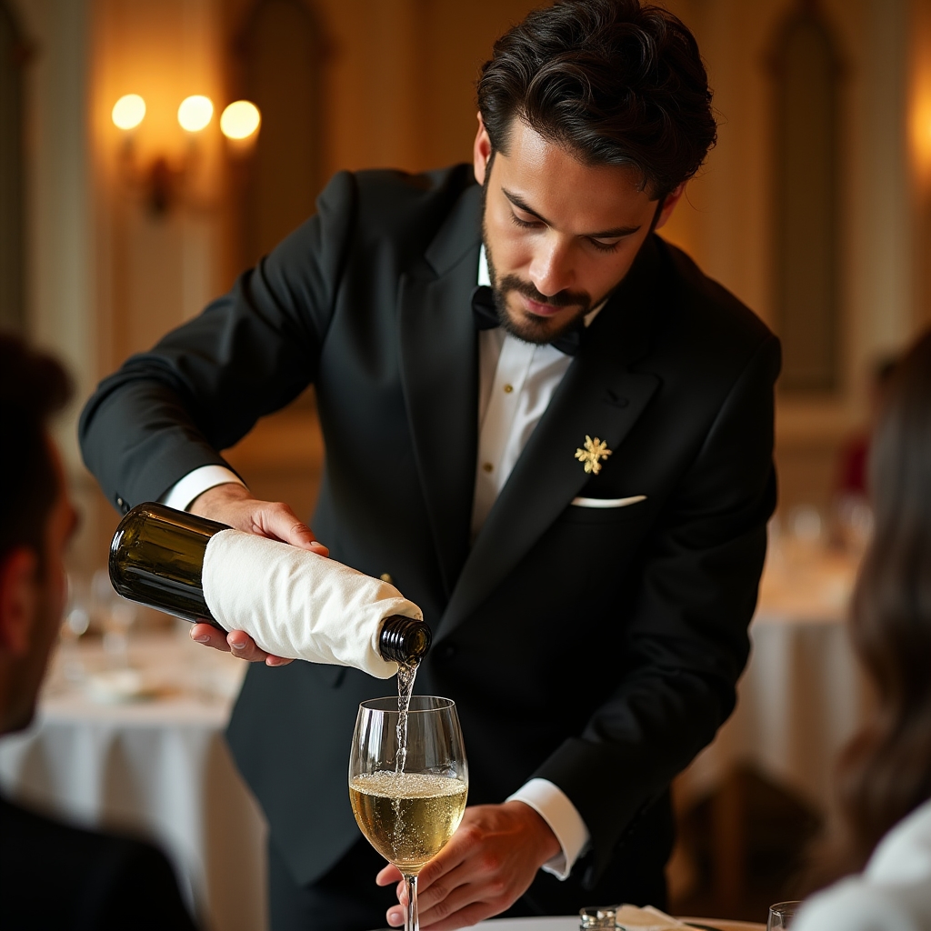Sommelier professionista che serve il vino in sala durante un servizio di ristorazione elegante