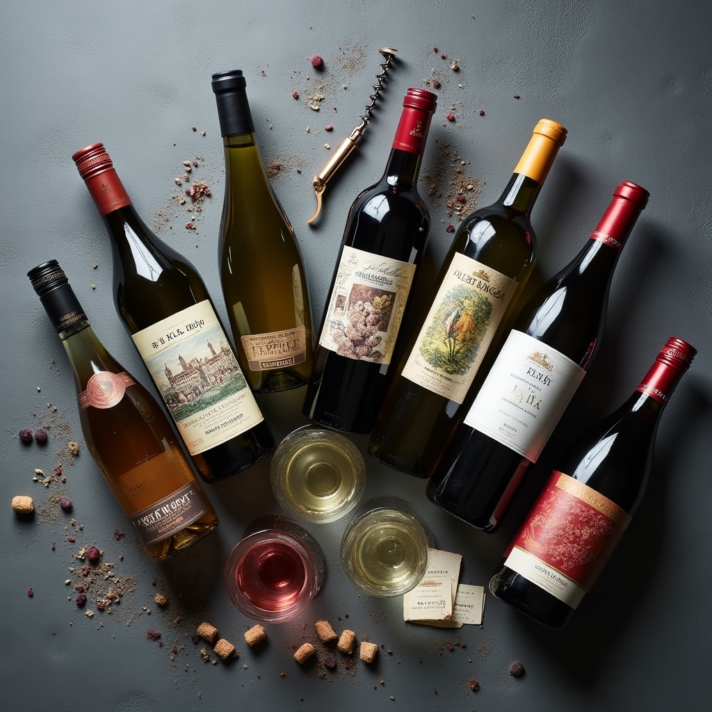 Bottiglie di vini europei selezionati per una sessione di degustazione comparativa