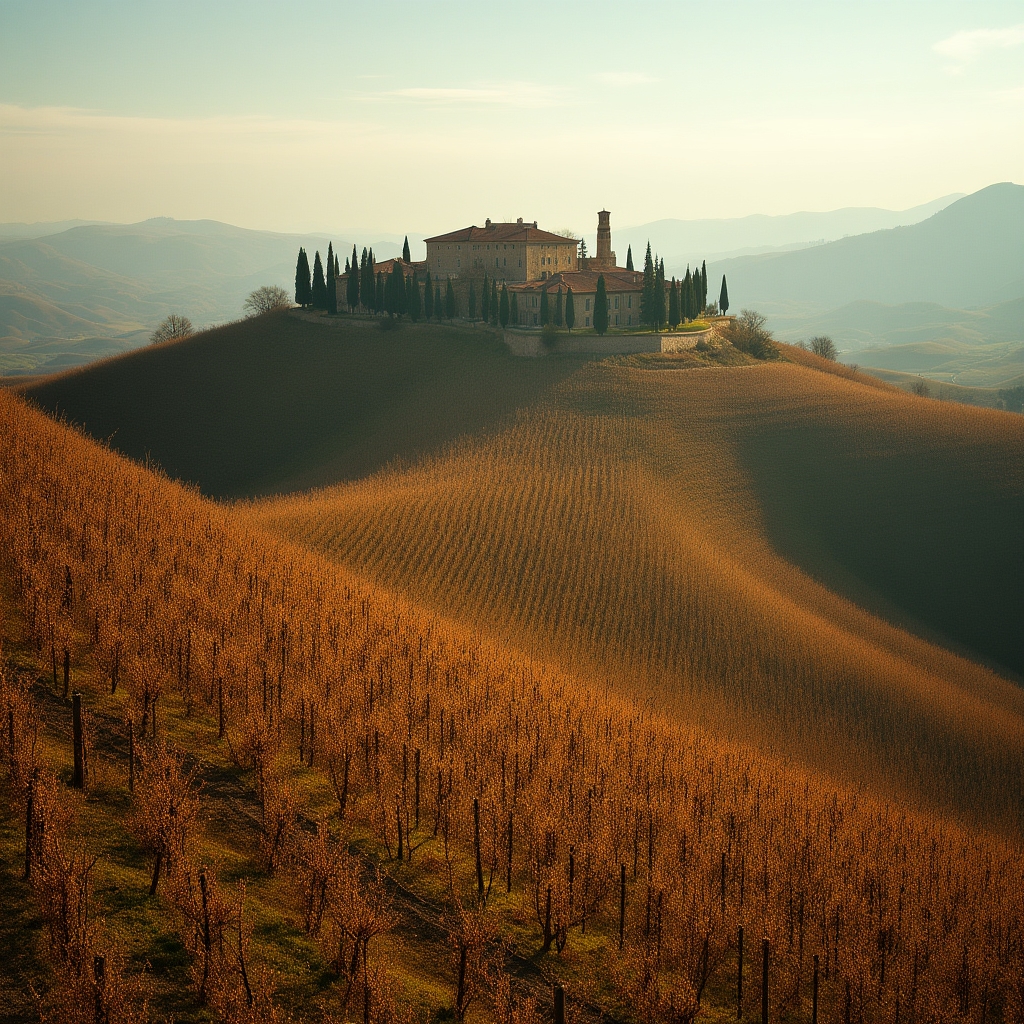 Vigneti italiani con colline e filari di uve in autunno